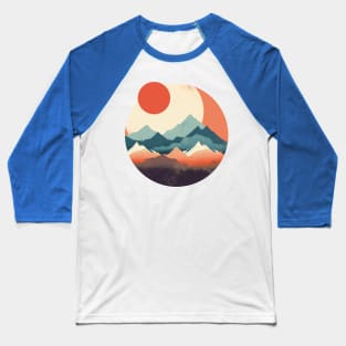 Red Japanese Sun and Moon Flat Style Mountains Baseball T-Shirt